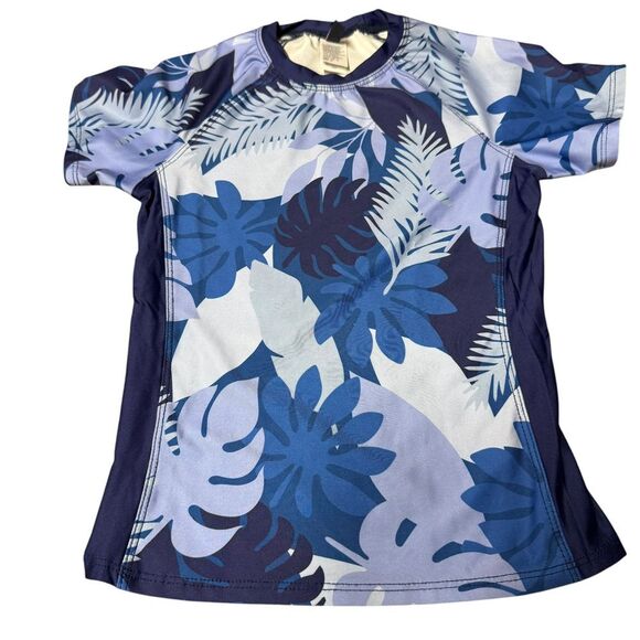 Splendid Blue Tropical Floral‎  Athletic Performance Short Sleeve Top Size 10 - Picture 1 of 9